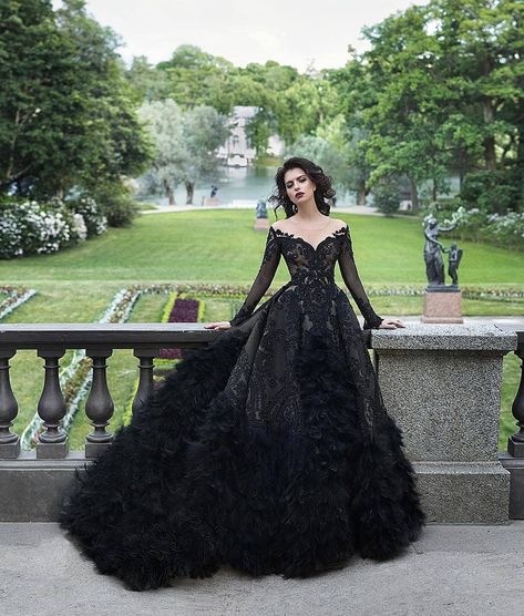 Black Lace Ball Gown, Black Wedding Dress Gothic, Gothic Glamour, Black Wedding Gowns, Glamour Wedding, Wedding Dresses Lace Ballgown, Long Sleeve Ball Gowns, Black Ball Gown, Gothic Wedding Dress