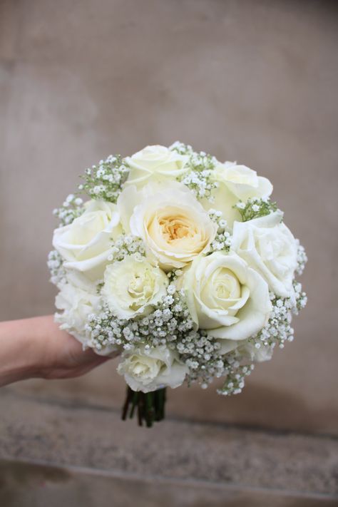 White Bouquets For Bridesmaids, Bridal Bouquet Gypsophila, White Rose Gypsophila Bouquet, Prom Flowers Bouquet White, Gypsophila And White Rose Bouquet, White Wedding Bouquets Bridesmaid, Gypsophila Rose Bouquet, Simple White Rose Bridal Bouquet, White Rose And Gypsophila Bouquet