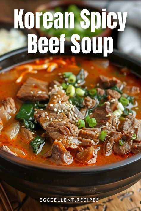 If you’re craving a dish that is both bold and warming, Korean Spicy Beef Soup, or Yukgaejang, is a delightful choice. #Korean Spicy Beef Soup recipe #yukgaejang: spicy korean beef soup #korean spicy beef tofu soup #korean spicy beef and radish soup #korean spicy beef noodle soup #yukgaejang #yukgaejang recipe #yukgaejang ramen #yukgaejang soup #korean food yukgaejang #vegan yukgaejang Spicy Korean Beef Soup, Korean Beef Radish Soup, Korean Beef Stew Instant Pot, Beef And Egg Recipes, Korean Soup Recipes Simple, Korean Beef Ramen, Crazy Korean Cooking, Asian Beef Soup Recipes, Yukgaejang Recipe