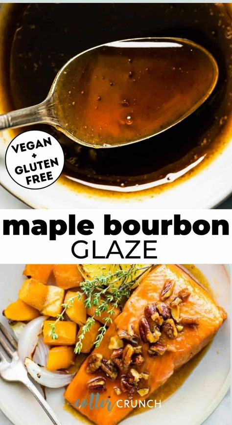 Homemade Maple Bourbon Glaze comes together with just a handful of natural ingredients in a matter of minutes! Use it to make salmon, ham, pork, chicken, carrots, sweet potatoes and desserts (pears or ice cream!)! This maple bourbon glaze is made with simple, lower-sugar ingredients (sugar free with Lakanto) and couldn’t be easier to make. Add 1 teaspoon of vanilla extract if you plan on using this glaze for dessert recipes! Bourbon Dessert, Maple Bourbon Glaze, Carrots Sweet, Gluten Free Entrees, Chicken Carrots, Salmon Glaze Recipes, Salmon And Sweet Potato, Bourbon Glaze, Maple Bourbon