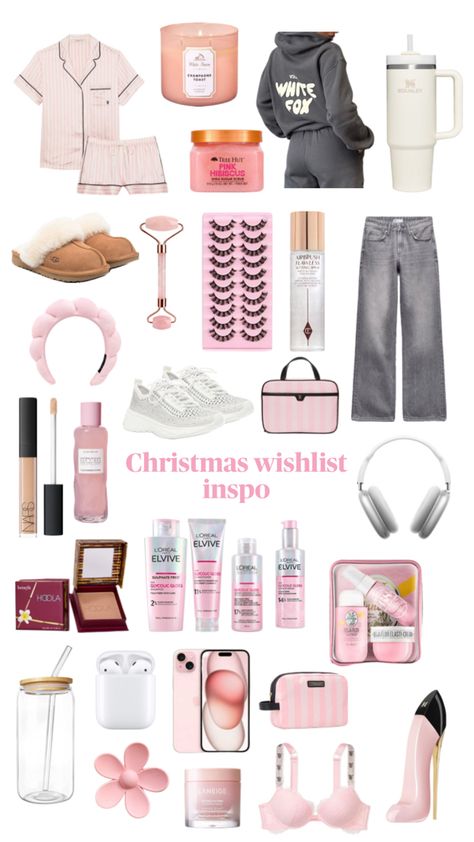 pink christmas wishlist inspo for teenage girls! lash strips, loreal gloss set, benefit bronzer, glow recipe, ugg slippers, apple headphones, sol de janeiro, face roller, victoris secret bag, victoria secret bra,tree hut body scrub, victoria secret pjs, steve madden trainers, airpods, laneige, charlotte tilbury setting spray, white fox tracksuit, white stanley cup, good girl blush perfume, carolina herera Good Girl Blush Perfume, White Stanley Cup, Charlotte Tilbury Setting Spray, Benefit Bronzer, Tree Hut Body Scrub, Victoria Secret Pjs, White Stanley, Blush Perfume, Carolina Herera