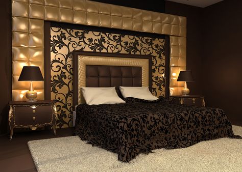 Gold and black theme master bedroom with large area rug. Romantic Interior, Bed Modern, Gold Bedroom, Master Decor, Luxury Bedroom Master, Bedroom Bed Design, Romantic Bedroom, Trendy Bedroom, Couple Bedroom