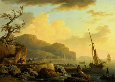 Claude-Joseph Vernet and studio – private collection. Title: Morning in Castellammare. Date: c. mid 1740s. Claude Joseph Vernet, Paris Morning, Masters Paintings, Oil Painting Basics, Sea Paintings, Master Paintings, Rural Scenes, A4 Poster, Old Master