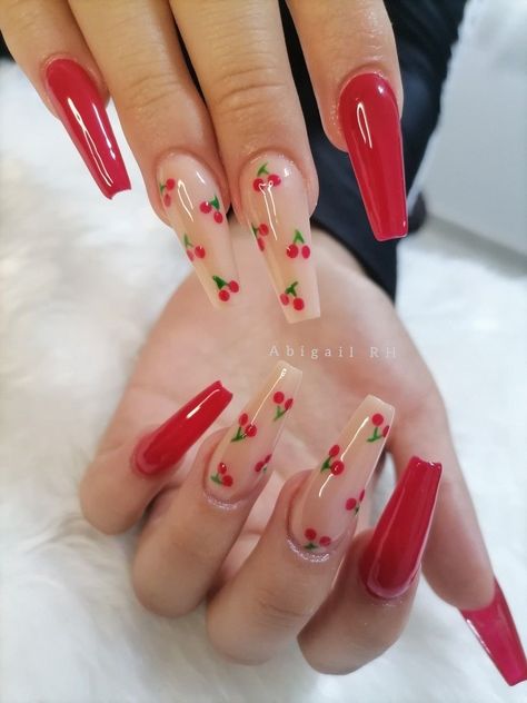 Simple Fall Nails, Red Acrylic Nails, Long Acrylic Nail Designs, Cherry Nails, Cute Acrylic Nail Designs, Acrylic Nails Coffin Pink, Pink Acrylic Nails, Coffin Nails Designs, Fire Nails