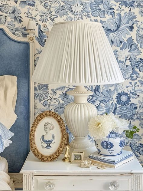 Blue And White Vintage Bedroom, Classic Coastal Bedroom, Blue And White Room Aesthetic, Blue And White Bedroom Aesthetic, Vintage Blue Bedroom, White Patterned Wallpaper, White Classic Bedroom, Blue And White Dorm, French Themed Bedroom