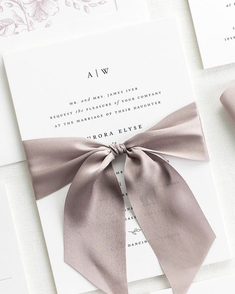 Ribbon around invitation as a belly band. Wedding Invitations With Ribbon, Invitations With Ribbon, Ribbon Wedding Invitations, Ribbon Invitation, Non Traditional Wedding Ring, Mauve Wedding, Simple Elegant Wedding, Ribbon Wedding, Wedding Ribbon