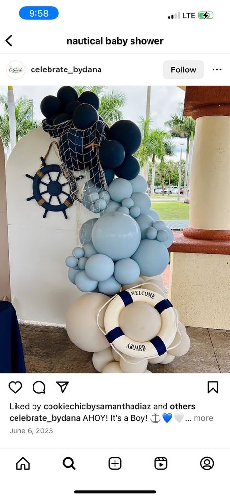 Nautical Balloons, Nautical Balloon Arch, Cruise Theme Party, Nautical Balloon Decor, Nautical Baby Shower Ideas, Sailboat Baby Shower Theme, Cruise Themed Party Ideas, Nautical Photo Backdrop, Sailor Baby Shower Theme