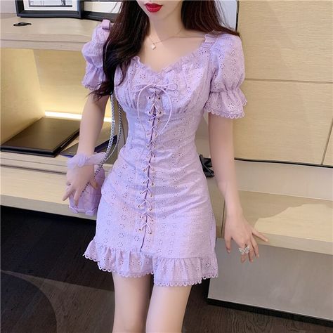 C French Retro, Purple Outfits, Korean Girl Fashion, Ulzzang Fashion, Kpop Fashion Outfits, Embroidery Dress, Teenage Fashion Outfits, Edgy Outfits, Teen Fashion Outfits