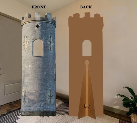 Add the finish touch to your theme party or event with a castle tower with window cutout. This is a flat cardboard cutout. Cardboard prop will come folded , an easel will be include to attach to the back to make it stand. Simple instructions are included in the box.  84 inches tall x 28 inches wide Window cutout is 63 inches from bottom of cutout to top of window. Window is 14 inches tall x 10 inches wide Material: Castle tower is printed on white vinyl with permanent ink then adhered to 1/4 double wall cardboard. This product is for INDOOR use only. Please include the date of your event in the personalization area, so we can schedule your cutout for shipping. Minimum of two weeks needed for delivery and items will be shipped according to your event date. Shipping to the contiguous United Cardboard Set Design Stage Props, Cardboard Stage Props, Cardboard Props Backdrops, Cardboard Rapunzel Tower, Cardboard Door Prop, Castle Parade Float, Cardboard Castle Project, Cardboard Tower, Kids Church Decor