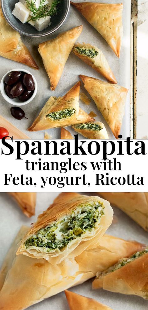 Spinach and Feta triangles are one of the best ways to make a Spanakopita. With the phyllo getting extra crispy cooked this way. And the most delicious spinach filling loaded with cheese and fresh herbs. Seriously yummy stuff!#spanakopita #triangles #mini #feta Spinach Filling, Spanakopita Recipe Authentic, Spanokita Recipe, Upside Down Spanakopita, Spanakopita Recipe Easy, Mini Spanakopita, Spanakopita Triangles, Spanicopita Recipe, Spanokita Recipe Greek