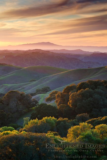 Sunset over the green east bay hills (looking toward Mount Tamalpais in distance) from Briones Regional Park, Contra Costa County, California Picture Sunset, Green Wings, Mount Tamalpais, East Bay, Rolling Hills, Alam Yang Indah, Best Photographers, Nature Aesthetic, Landscape Photos