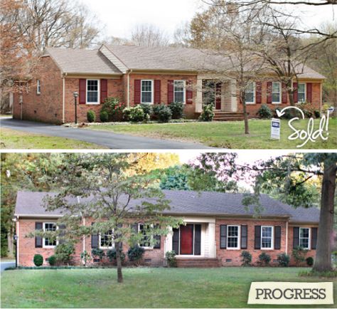 Brick houses Red Brick Ranch, Colors With Red Brick, Painted Brick House, Red Front Door, Black Shutters, Ranch Exterior, Door Colors, Brick Ranch, Ranch Decor