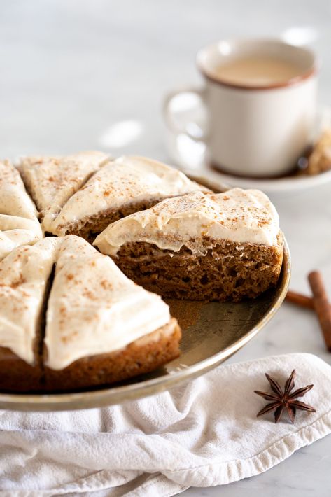 A warm cup of spiced chai is one of my favorite drinks in the fall and winter. I love all the spices and with some honey and frothy milk the flavors are just the thing. I decided to make a simple, one layer cake using freshly brewed chai tea, lots of spices, with a chai... Chai Spiced Cake, Chai Spice Cake, One Layer Cake, Chai Cake, One Layer Cakes, Chai Tea Recipe, Spiced Chai, Gingerbread Cake, Chai Spice