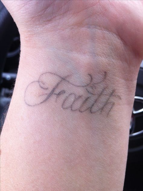 Wrist Faith word tattoo. Bold Word Tattoos, Gray Ink Tattoo, Light Grey Tattoo, Grey Ink Tattoo, Faith Tattoo On Wrist, Faith Tattoo, Small Tattoos Simple, Small Wrist Tattoos, Wrist Tattoo