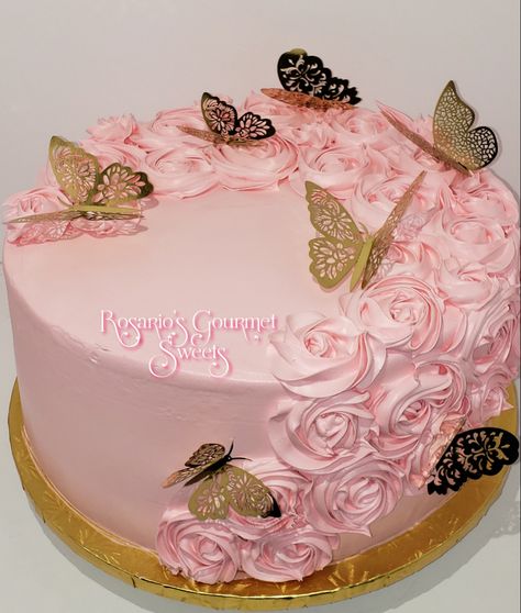 Cake With Gold Butterflies, Pink Cake With Butterflies, Butterfly Rose Gold Cake, Butterfly Cake Baby Shower Pink, Light Pink Cake With Butterflies, 50th Birthday Cake For Women, Birthday Cake For Women Simple, Cake Designs For Girl, 15th Birthday Cakes