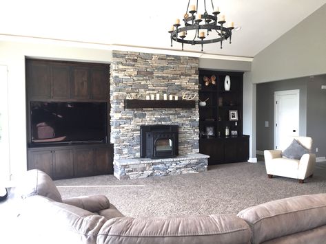 Stone Work, Pellet Stove, Built Ins, Mantel with Lights Pellet Stove Fireplace Insert, Fireplace With Tv, Pellet Fireplace, Wood Burning Fireplace Inserts, Fireplace Bookshelves, Wood Pellet Stoves, Pellet Stove, Fireplace Makeover, Fireplace Inserts