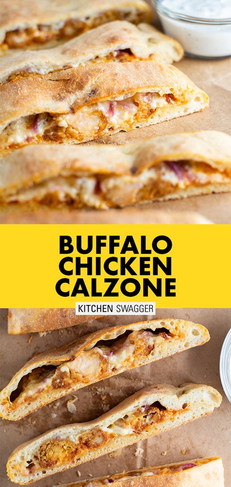 A simple and incredibly delicious buffalo chicken calzone recipe made with crispy chicken, mozzarella cheese, red onion, and buffalo sauce. #calzonerecipes #buffalochicken #buffalochickencalzone #calzone Chicken Calzone Recipe, Crispy Fried Chicken Tenders, Buffalo Chicken Calzone, Chicken Calzone, Tyson Chicken, Chicken Mozzarella, Wings Recipe Buffalo, Calzone Recipe, Fried Chicken Tenders