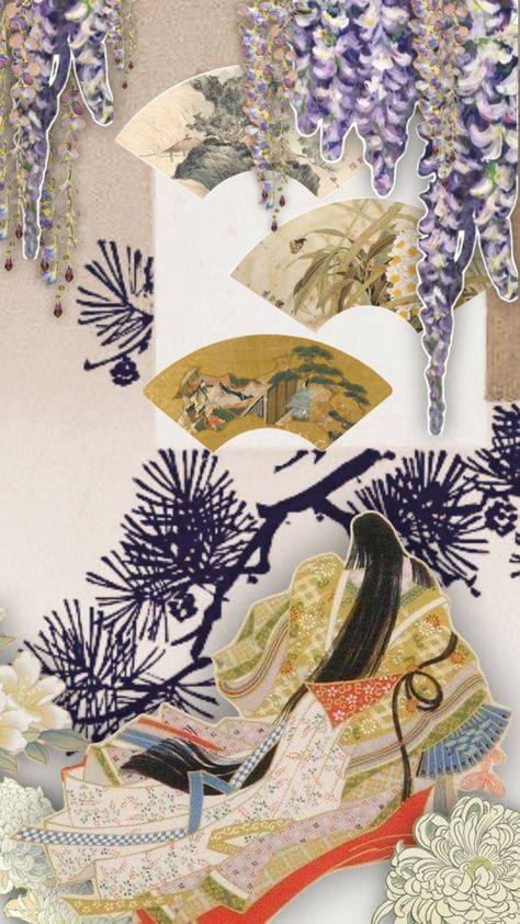 A graphic Japanese style background behind a woman in a junihitoe, surrounded by wisteria, mums, & other flowers. She looks up at three painted fans, representing different parts of life. Japanese Collage, Tale Of Genji, Collage, Nature