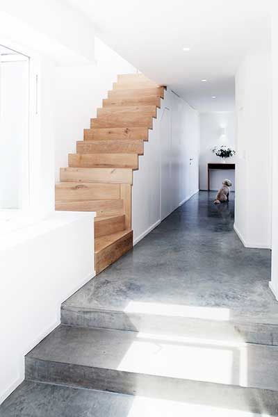 Polished Concrete Steps, Oversize Kitchen Island, Polished Concrete Stairs, Basement Concrete Floor Ideas, Concrete Flooring In House, Concrete Tile Floors, Concrete Floor Basement, Concrete Floor Design, Concrete Floor Ideas