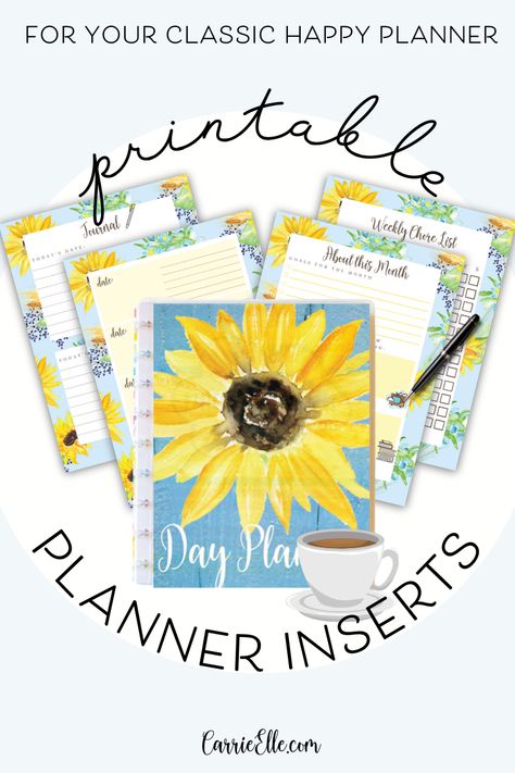 Free Printable Inserts for Happy Planner – Sunflower Day Planner Classic Size Happy Planner Free Printables, Free Printable Sunflower Stationary, Sunflower Planner Printable Free, Big Happy Planner Free Printable, Diy Day Planner, Free Journal Printables, Pretty Planner Printables, Planners 2025, Free Printable Planner Pages