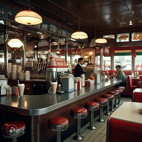 Cute Diner Aesthetic, New York Diner Aesthetic, 1920s Diner, Diner Drawing, Diner Layout, Cafe 50s, Diner Interior, Old Diner, Train Interior