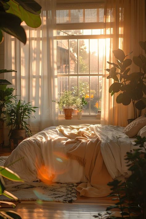 A bedroom with plants, a bed, and sunlight filtering through the window curtains royalty free stock photo No Window Bedroom, Minimalist Technology, Curtains Apartment, Bedroom With Plants, Windows Bedroom, Bedroom Vibes, Window Curtains Bedroom, Fall Shoot, Dark Bedroom