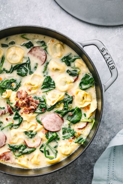 Tortellini Soup With Kielbasa, Tortellini Soup With Cream Cheese, Soup With Kielbasa, Tortellini Soup Crockpot, Soup With Cream Cheese, Cream Cheese And Spinach, Crock Pot Tortellini, Kielbasa Soup, Creamy Tortellini