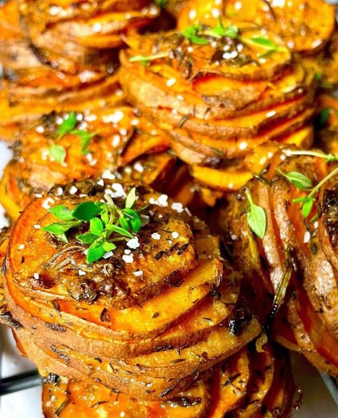 Rosemary and Thyme Sweet Potato Stacks Sweet Potato Rosemary Recipes, Sweet Potato Stackers, Crispy Sweet Potatoes, Sweet Potato Stacks, Easy Sweet Potato Recipes, Sweet Potato Side Dish, Sweet Potato Sides, Side Dishes For Salmon, Perfect Roast Potatoes