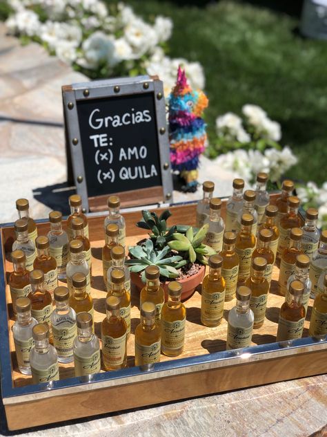 Cantarito Wedding Favor, Jarritos Drink Mexican Weddings, Tequila Station Party Ideas, Mexican Party Favors Wedding, Tequila Table Party Ideas, Tajin Party Favors, Tequila Decorations Party Ideas, Tequila Favors Wedding, Tequila Bottle Centerpiece Ideas