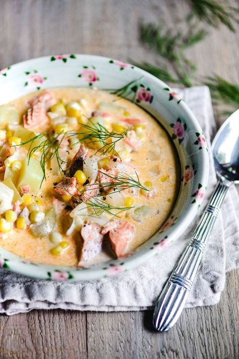 Salmon and Corn Chowder is a comforting Scandinavian inspired salmon soup with lots of potatoes and fresh corn ~ file it under cozy dinner-in-a-bowl! #easy #soup #chowder #corn #salmon #meatless #dinner Salmon And Corn, Salmon Soup, Salmon Chowder, Recipe Salmon, The View From Great Island, Cozy Dinner, Seafood Soup, Chowder Recipes, Corn Chowder