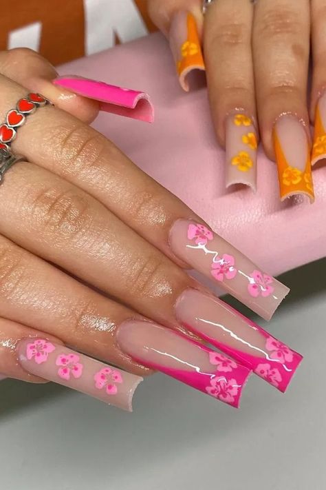 Island Nails, Tropical Nail Designs, Tropical Vacation Nails, Cruise Nails, Tropical Nails, Diy Acrylic Nails, French Tip Acrylic Nails, Vacation Nails, Bright Nails