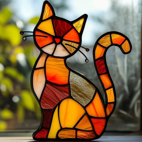 Cat Stained Glass Pattern Animal Stained Glass Pattern Digital Download Pattern DIY Suncatcher for Home Decor - Etsy Stained Glass Cat Suncatcher, Stained Glass Cat Tattoo, Stained Glass Cats, Stained Glass Cat Patterns, Stained Glass Art Diy, Cat Stained Glass Pattern, Stained Glass Halloween Patterns, Simple Stained Glass Patterns, Stained Glass Ideas