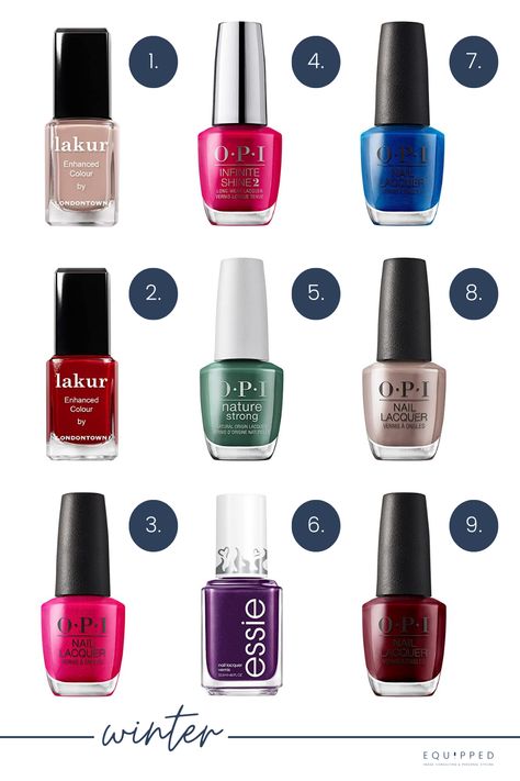 Nail Polish Colors by Seasonal Palette | EQUIPPEDStyle Color Analysis Nail Polish, Cool Winter Nail Polish, True Winter Nail Polish, 2023 Winter Nail Color Trends, Hoc Winter Nails, Winter Color Palette Nail Polish, Deep Winter Color Palette Nails, Deep Winter Nail Polish, Cool Toned Nail Polish