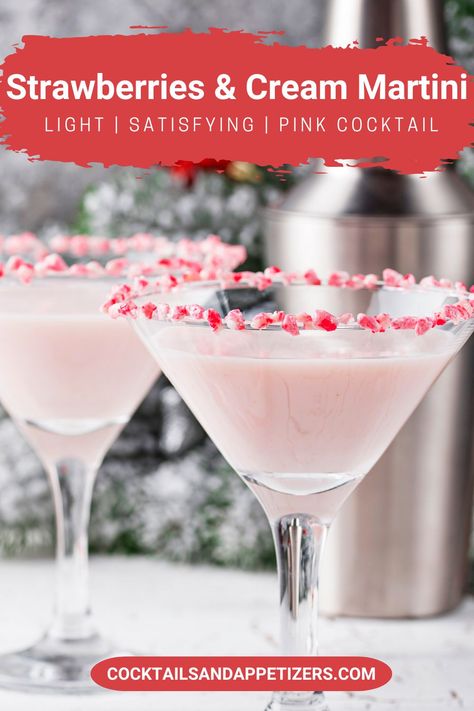 This Baileys Strawberries and Cream Vodka Martini is a pretty pink cocktail. A vodka martini perfect for date night, or Valentines Day. One of our favorite Baileys Strawberries and Cream drinks! Drinks With Baileys Strawberry And Cream, Baileys Valentines Day Drinks, Strawberries And Cream Alcoholic Drink, Pink Squirrel Cocktail, Pink Galentines Cocktails, Strawberry And Cream Cocktail, Strawberry Cream Cocktail, Strawberries And Cream Baileys Drinks, Strawberry Baileys Recipes