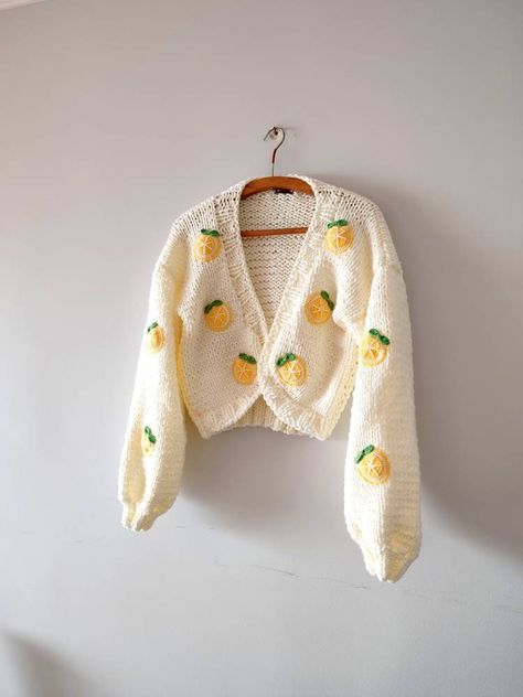 Embroidery Woman, Trendy Cardigans, Embroidery Sweater, Cropped Knit Sweater, Cute Cardigans, Crochet Jacket, Oversized Knitted Sweaters, Crochet Cardigan Pattern, Lemon Slice