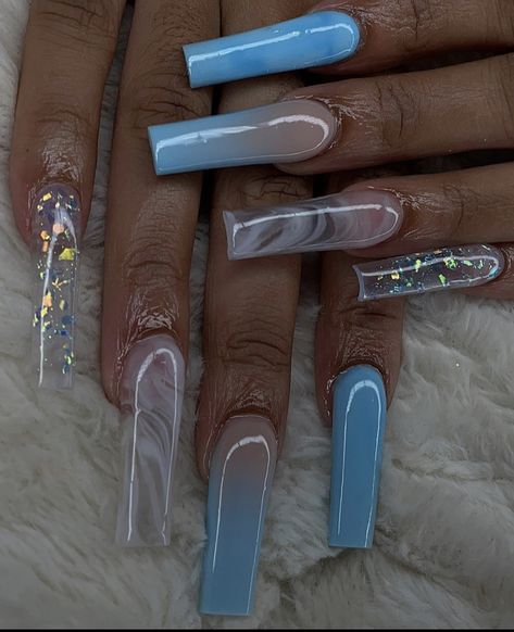 Long Nails Inspiration Blue, Nails Acrylic Blue Medium, Blue Birthday Nail Designs, Sky Blue Acrylic Nails Coffin, Prom Nails Baby Blue, Prom Nails Acrylic Light Blue, White And Blue Coffin Acrylic Nails, Blue Ombre Acrylic Nails, Baby Blue Acrylic Nails Coffin