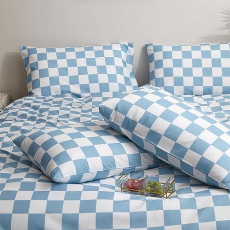 Blue White Plaid Comforter Sets Designing Bedroom, Grid Bedding, Geometric Quilts, Plaid Comforter, Blue Bed, Preppy Decor, Colorful Comforter, Flower Duvet, Dopamine Decor