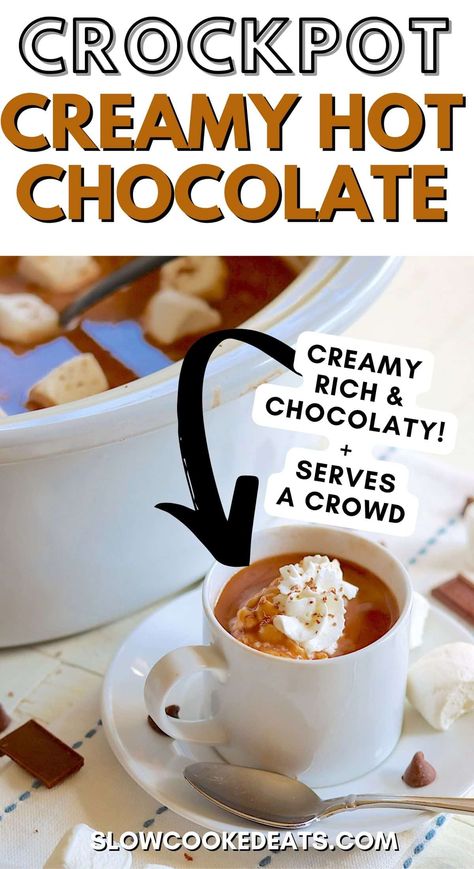 Best Easy Crockpot Hot Chocolate Recipe | Slow Cooked Eats Crockpot Hot Cocoa Easy, Crockpot Cocoa Best Ever Creamy, Best Crockpot Hot Chocolate, Crock Pot Cocoa For A Crowd, Crockpot Hot Chocolate With Oat Milk, Best Hot Cocoa Recipe, Simple Crockpot Hot Chocolate, Easy Crockpot Hot Chocolate, Hot Cocoa Crockpot Recipe