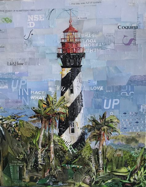 Vision Collage, St Augustine Lighthouse, Paper Mosaic, Mixed Media Art Projects, Collage Background, Original Collage, Collage Artists, Happy Art, St Augustine