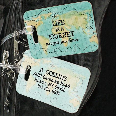 Luggage tags are essential for any traveler so they can easily spot their checked bag on the carousel. It's also helpful in case their bag gets lost since it has all their information on it. #travelgiftsformen #travelessentials #personalizedluggagetags #luggagetags Diy Bag Tags, Travel Gifts For Men, Luggage Tag Designs, Photo Frame Crafts, Travel Bag Tag, World Map Design, Appreciation Message, Off To College, Welcome Card