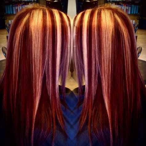 Scarlet red and blonde chunky highlights #allnutrient Blonde Chunky Highlights, Spikey Short Hair, Chunky Blonde Highlights, Red And Blonde, Red Hair With Blonde Highlights, Types Of Hair Color, Skunk Hair, Cherry Red Hair, Red Blonde