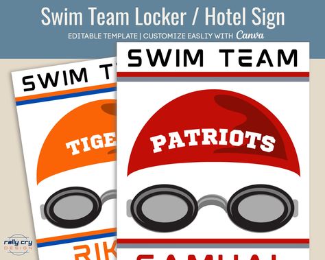 Swim Team Locker Decorations, Swim Signs High School, Swim Team Locker Signs, Swim Team Meet Themes, Soccer Team Hotel Door Signs, Volleyball Door Signs Hotel, Swim 2024, Locker Tags, Locker Signs