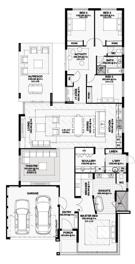 4bedroom House Plans Open Floor, 4 Bedroom House Plans Open Floor, Katrina Chambers, Raised Ceiling, Open Plan Dining, Living And Kitchen, Open Floor Plan Kitchen, Living Room Floor Plans, Open Floor House Plans