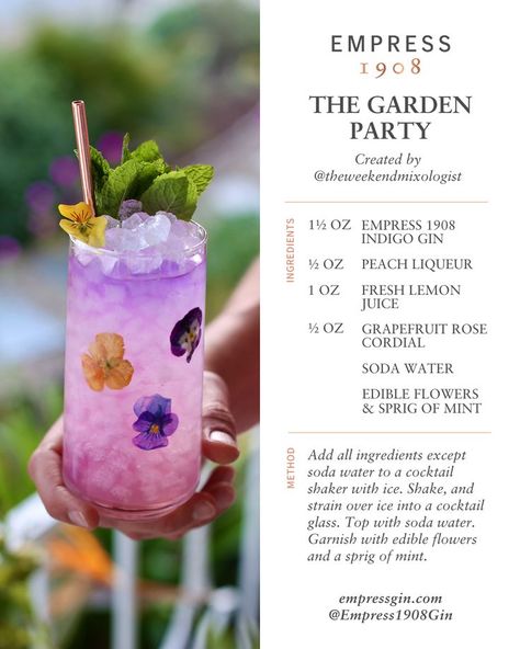 Garden Party Drinks Cocktails, Flower Themed Cocktails, Spring Alcholic Drinks, Cocktail Tea Party, Afternoon Tea Cocktails, Garden Themed Cocktails, Spring Mocktail Ideas, Garden Party Food Ideas Appetizers, Summer Night Garden Party