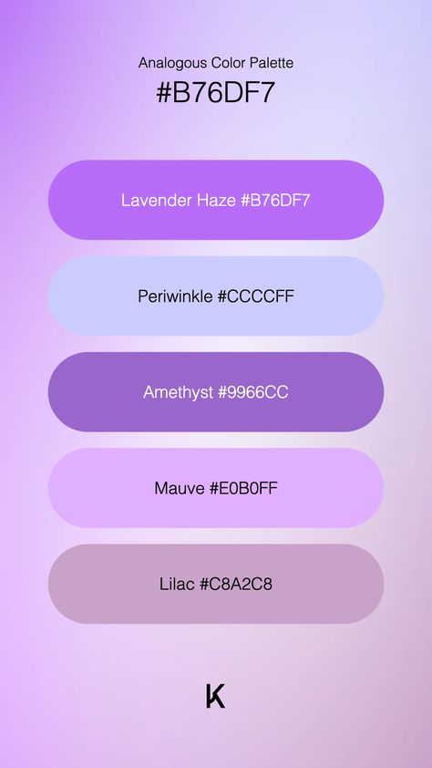 Analogous Color Palette Lavender Haze #B76DF7 · Periwinkle #CCCCFF · Amethyst #9966CC · Mauve #E0B0FF · Lilac #C8A2C8 Pastel Lavender Color Palette, Lavender Vs Lilac, Purple Pastel Aesthetic, Analogous Color Palette, Color Palette Lavender, Make A Color Palette, Lavender Color Palette, Analogous Color, Y2k Aesthetic Wallpaper