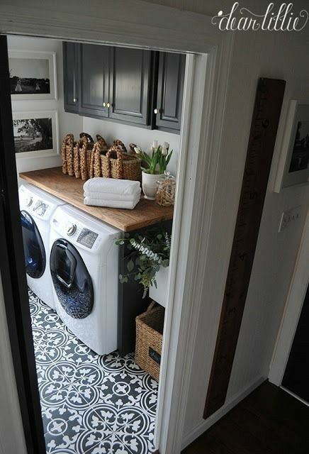 Upstairs laundry room with a folding shelf over washer & dryer and add a utility sink to the right to refill cat water bowls and mop buckets for bathrooms & cat room; sliding door; tile floor (NOT THIS STYLE); hanging rods could go above the sink; fold down ironing board and drying rack across from the washer & dryer Laundry Room Tile, Room Storage Diy, Dream Laundry Room, Dear Lillie, Farmhouse Laundry Room, Laundry Room Inspiration, Laundry Room Remodel, Laundry Room Diy, Room Tiles