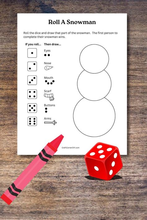 Picture of a roll a snowman game with a dice and a crayon. How To Build A Snowman Craft, Roll A Reindeer Printable Game, Build A Snowman Dice Game, Roll A Snowman Dice Game, Grade 2 Christmas Activities, Roll Dice Christmas Game, Roll Dice Drawing Game, Christmas Dice Games For Kids, Roll A Santa Dice Game