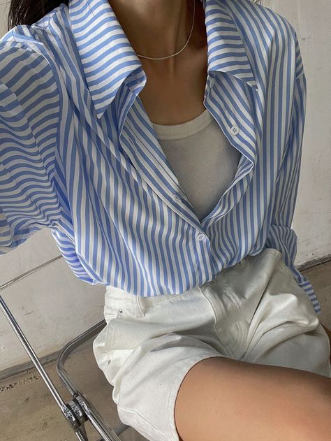 Loose Casual Striped Women Shirt Blue Casual  Long Sleeve Woven Fabric Striped Shirt Non-Stretch  Women Clothing, size features are:Bust: ,Length: ,Sleeve Length: Blue Striped Button Down Shirt Outfit, Blue Striped Shirt Outfit, Casual Long Sleeve Shirts, Casual Stripes, Womens Long Sleeve Shirts, Shoulder Shirts, Look Cool, Striped Shirt, Shirt Outfit