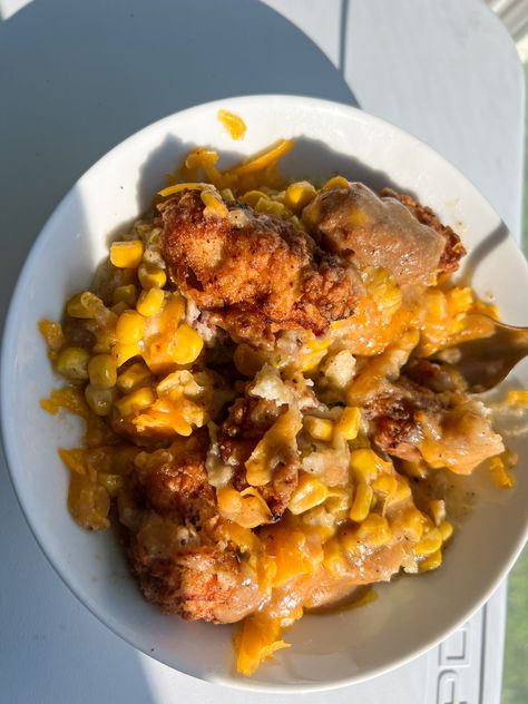 KFC Famous Bowl - CookWithCi Breaded Chicken Bites, Famous Bowl, Kfc Famous Bowl, Corn And Cheese, Fluffy Mashed Potatoes, Chicken Tenderloin, Honey Sauce, Creole Seasoning, Chicken Bites