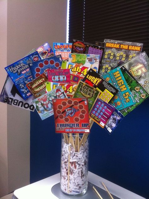 Basket Idea: scratch off lottery tickets Lottery Ticket Gift, Silent Auction Basket, Auction Gift Basket Ideas, Fundraiser Baskets, Silent Auction Baskets, Auction Basket, Auction Baskets, Raffle Basket, Raffle Baskets